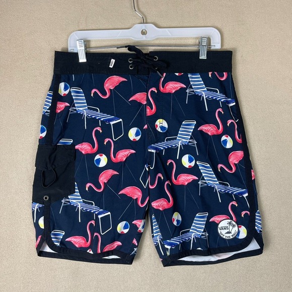Vans Board Shorts Adult 30 Black Pink Flamingos Swim Trunk Off The Wall Surf Men - Picture 1 of 10
